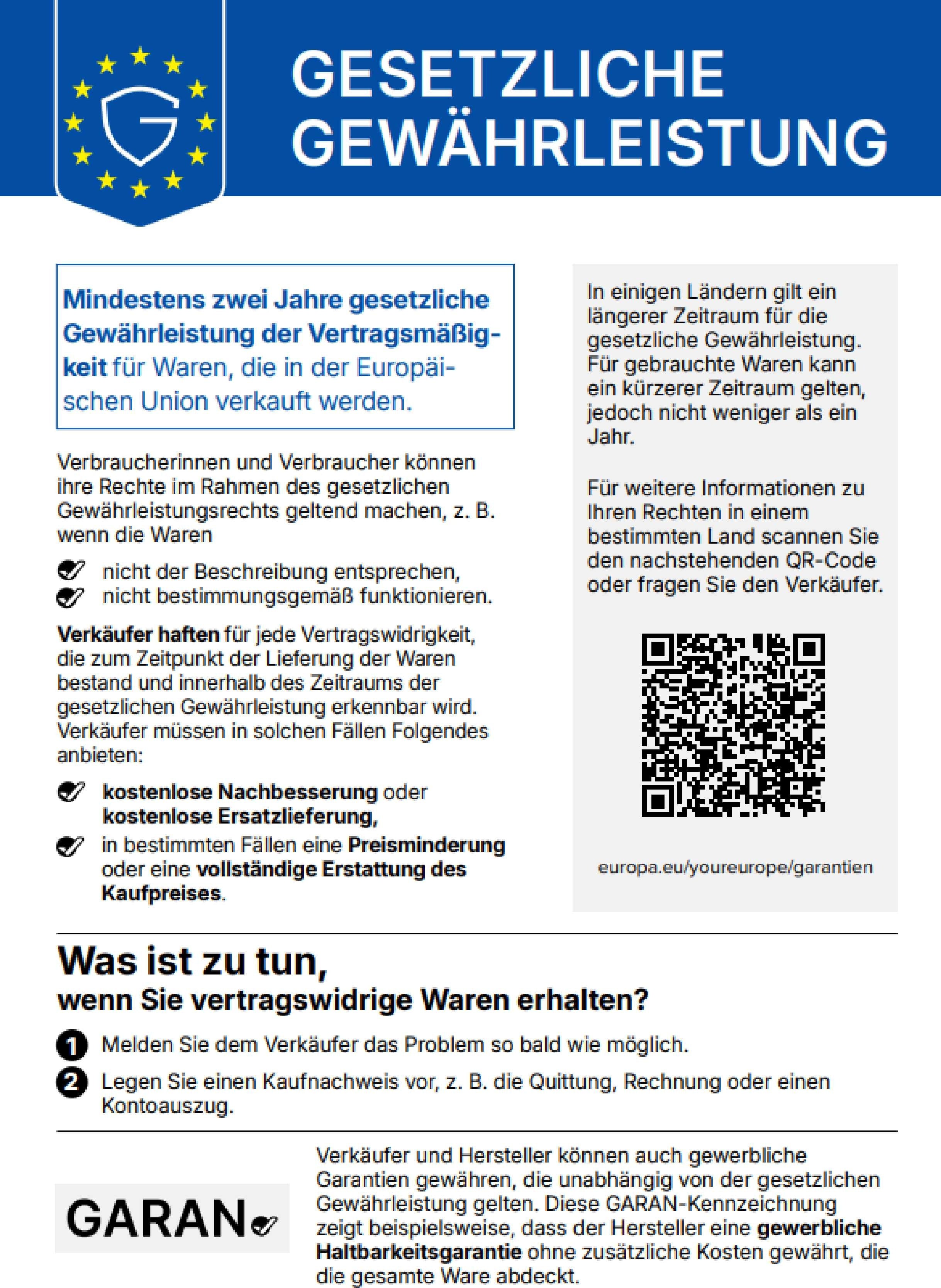 Harmonisierter Hinweis zur gesetzlichen Gewährleistung gemäß Durchführungsverordnung (EU) 2025/1960, Anhang I. Vollständiger Text siehe unten unter „Text anzeigen“.